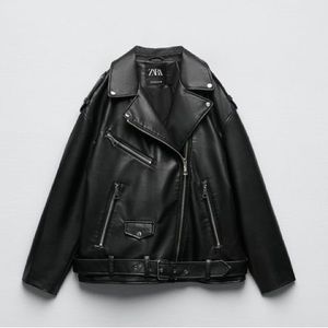 Black oversized moto leather jacket
